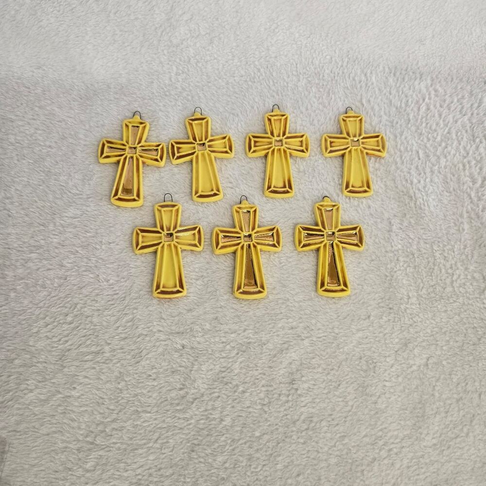 Vintage Gold Tone Cross Christmas Ornaments Set of 7 Religious Holiday Decor